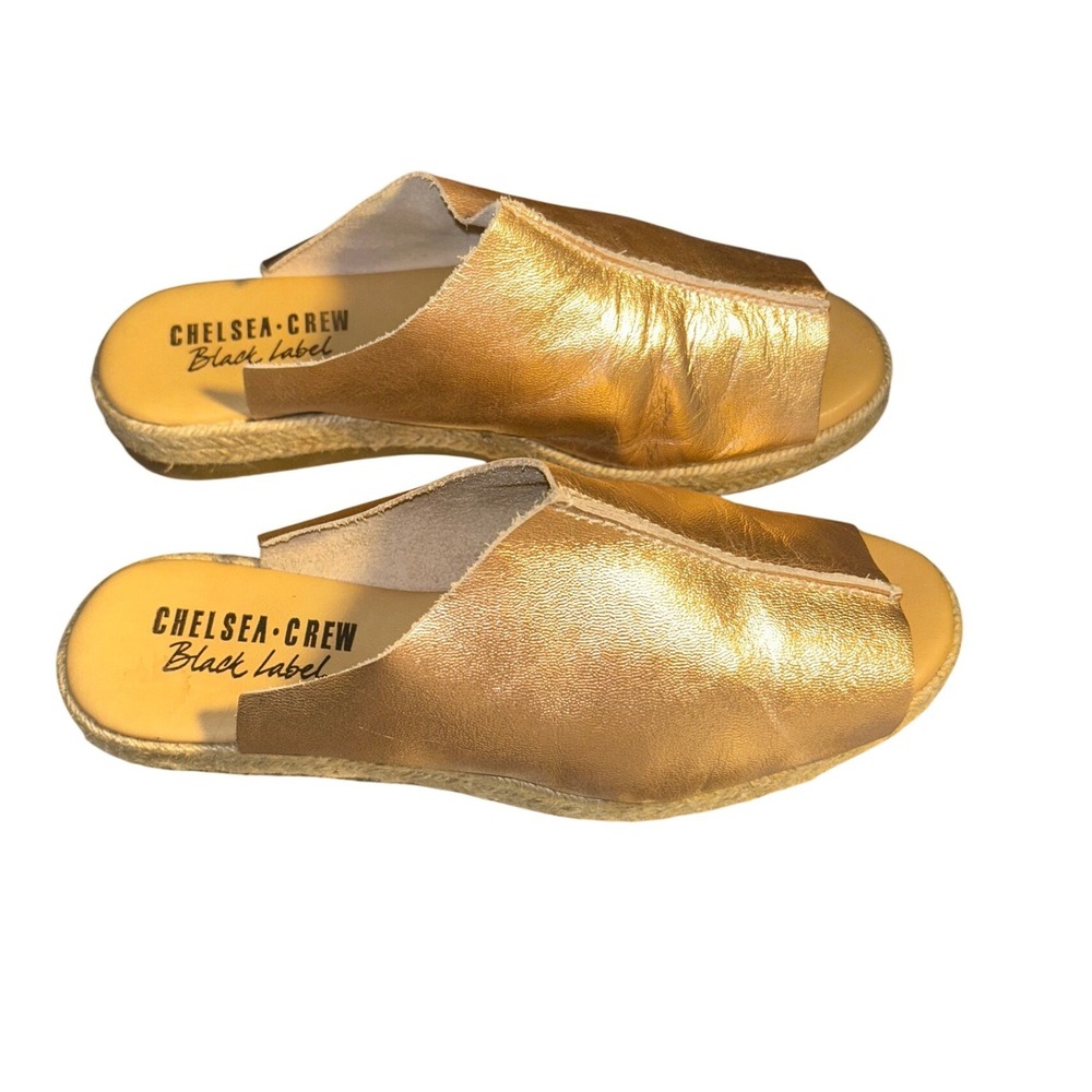 Anthro Chelsea Crew Black Label Gold Metallic Leather Slide Sandals Size 39